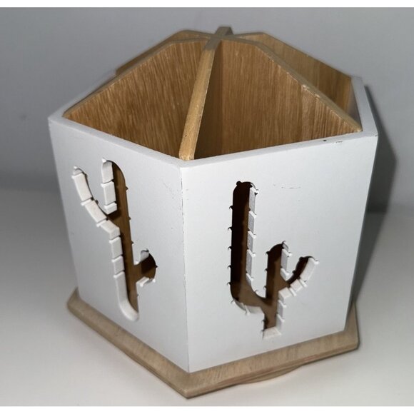 White Wood Spinning Desk Organizer 6 Sections Cactus Cutouts Pen Pencil Holder - Picture 6 of 7